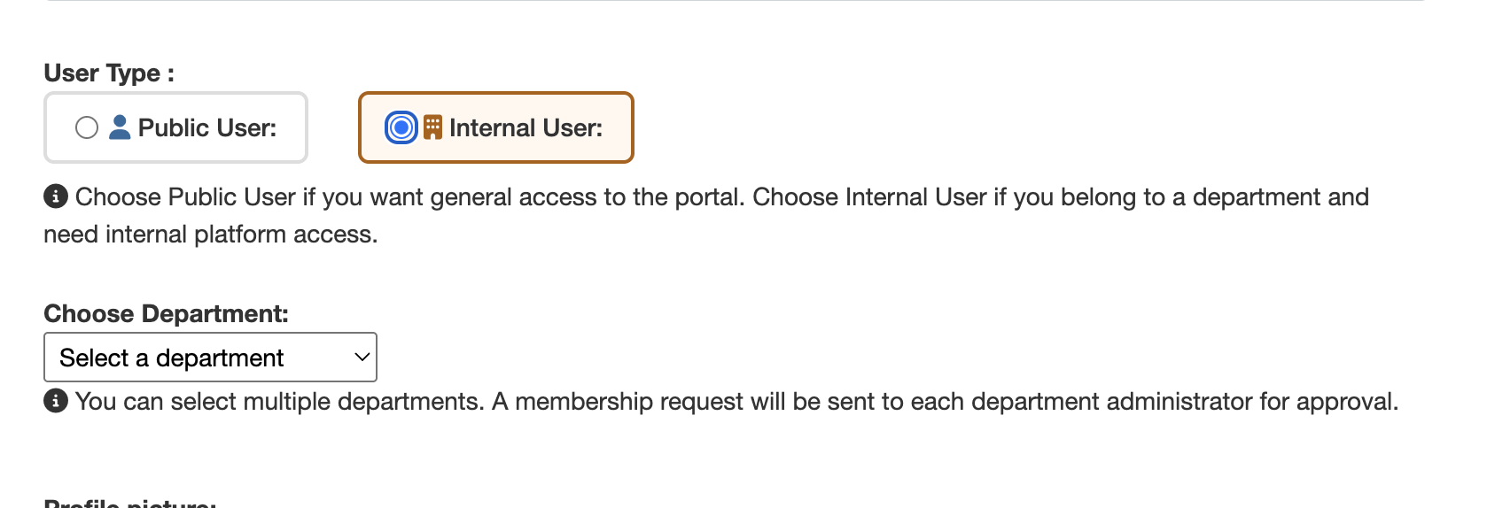 User Type Selection - Internal User with Department dropdown